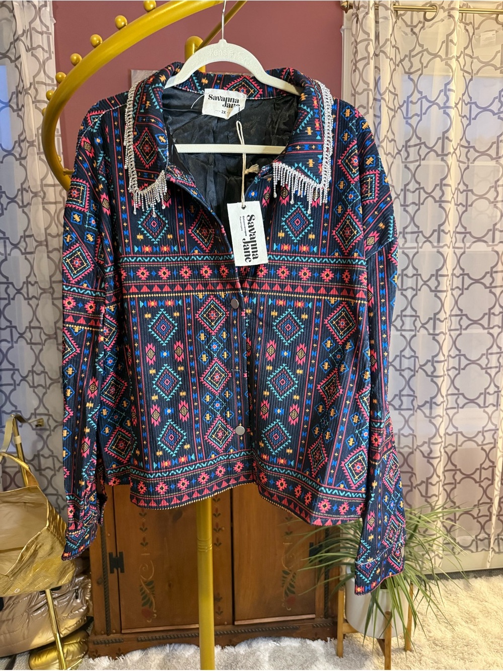 Savanna Jane Women's Beaded 2X Collar Patterned Jacket - beaded fringe nwt